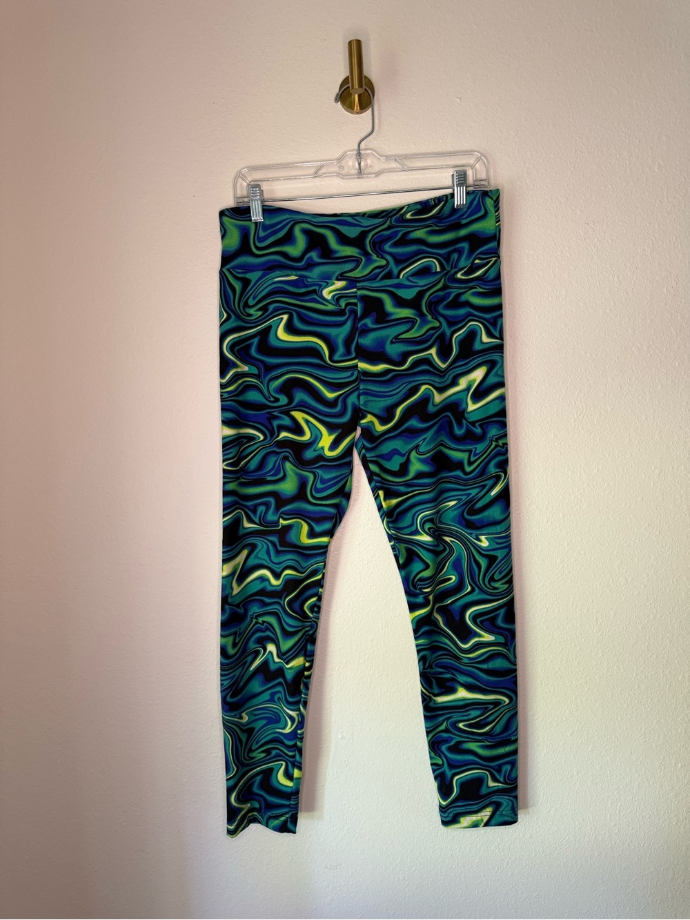 Blue Green Swirl Psychedelic Print High Waist Leggings size XL 15–17
